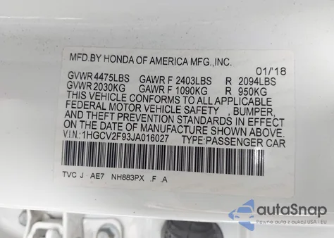 2018 Honda Accord Touring 2.0T z USA, uszkodzony, nr VIN 1HGCV2F93JA016027